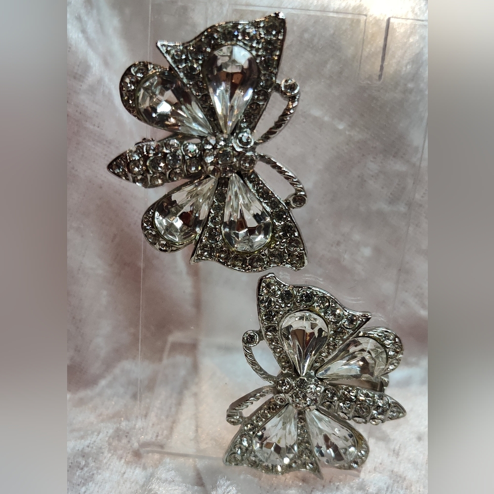 Vintage Butterfly Earrings Silver Tone Crystal Clip